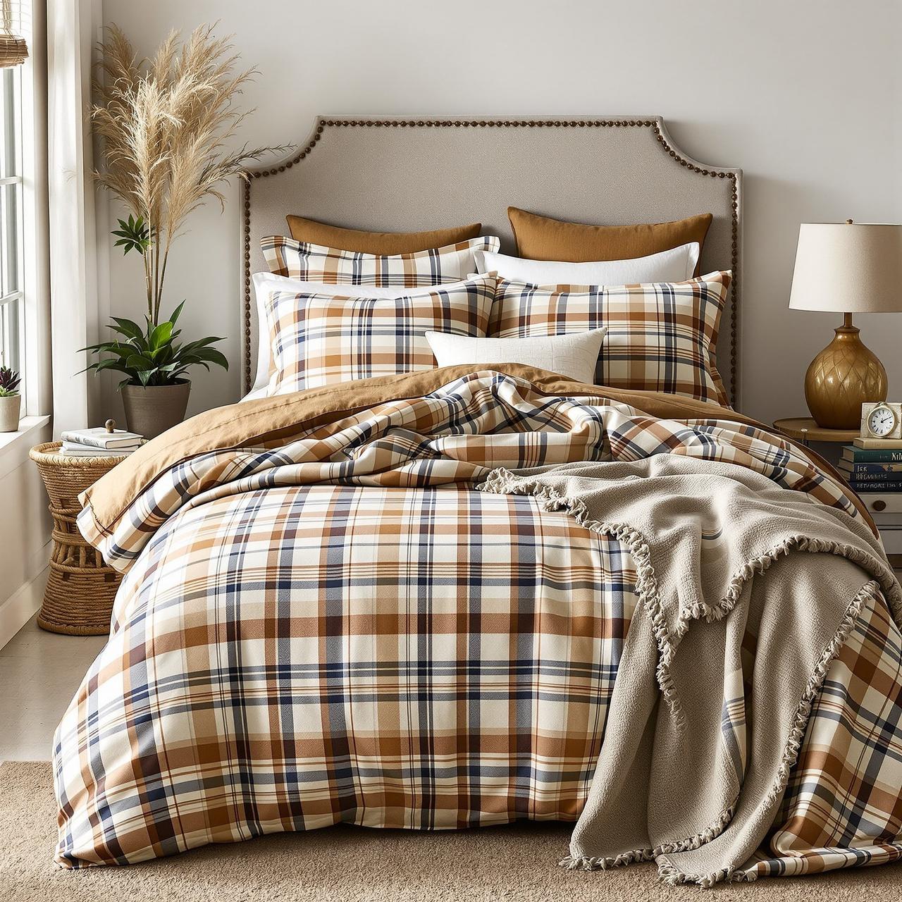 我家的全棉色织格纹床品搭配方案|附床品叠法教程